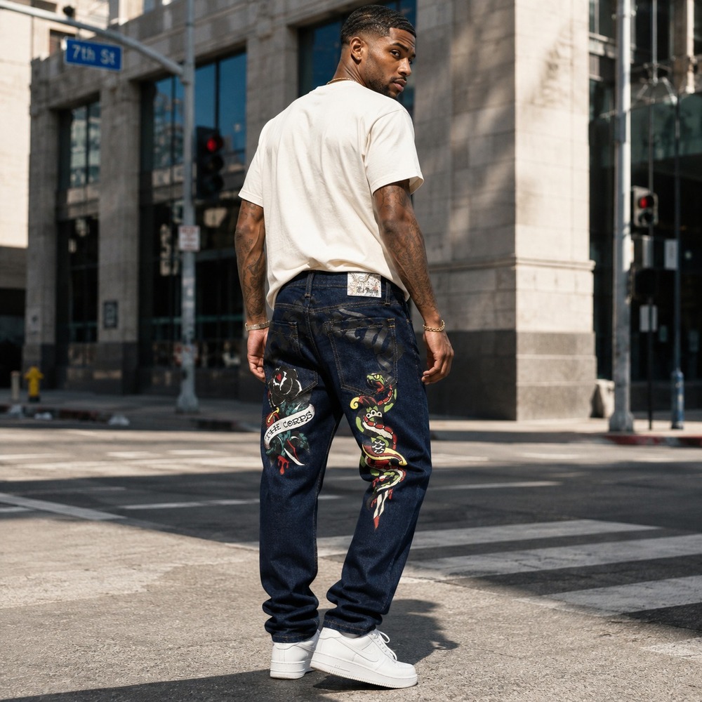 ED HARDY The Corps Jeans 36 Tattoo Snake Rose Stacked Bootcut UNHEMMED MEHD83036